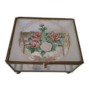 Vintage Glass Jewelry Box Floral Hand-Painted Roses Brass Trim Lid Mirror Base